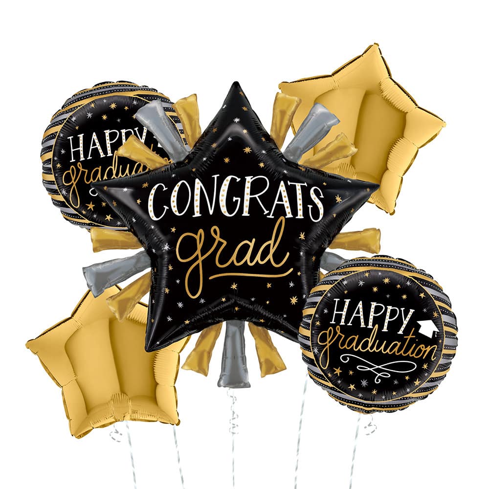 Black & Gold Grad Star Foil Balloon Bouquet