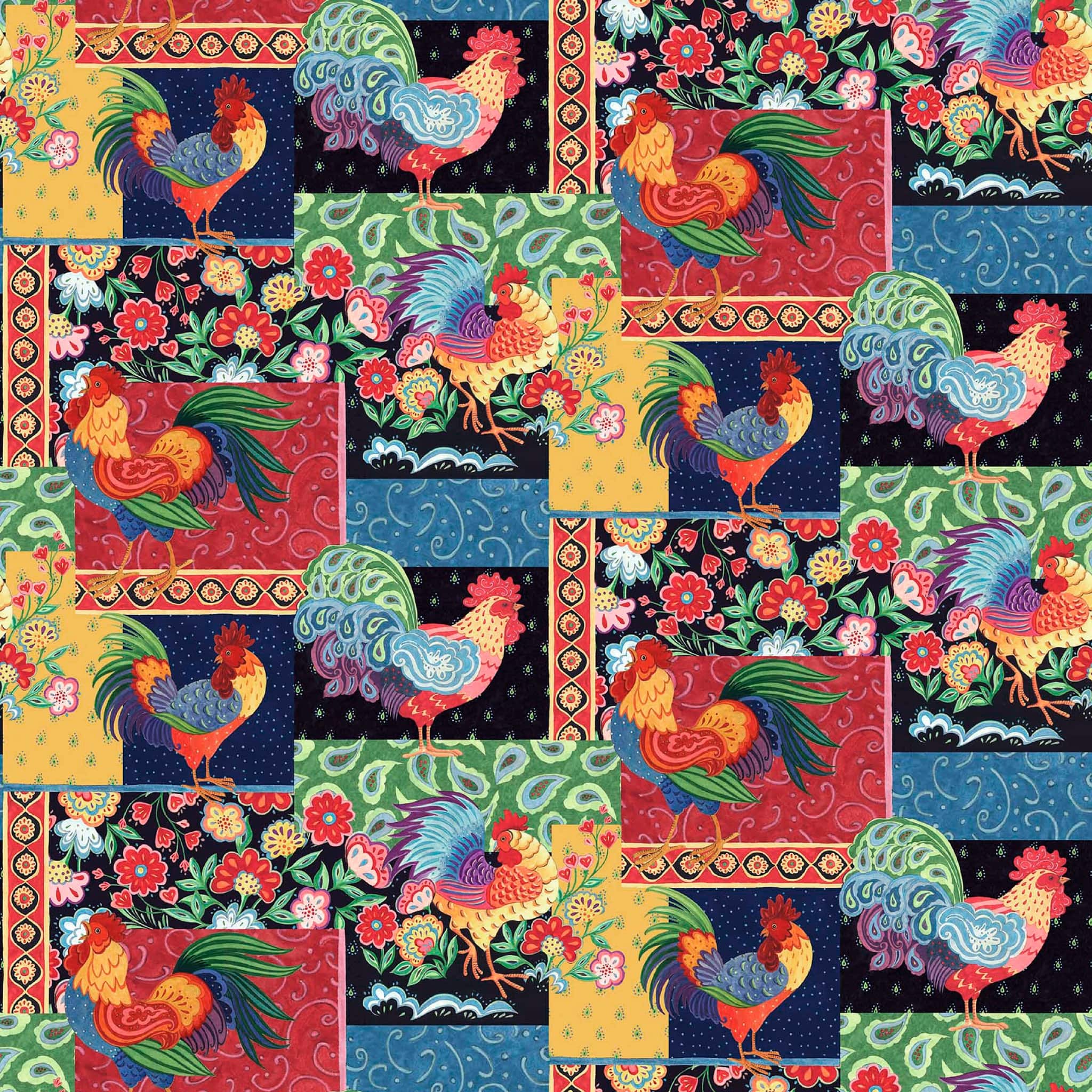 Susan Winget Calico Red Rooster Patch Cotton Fabric