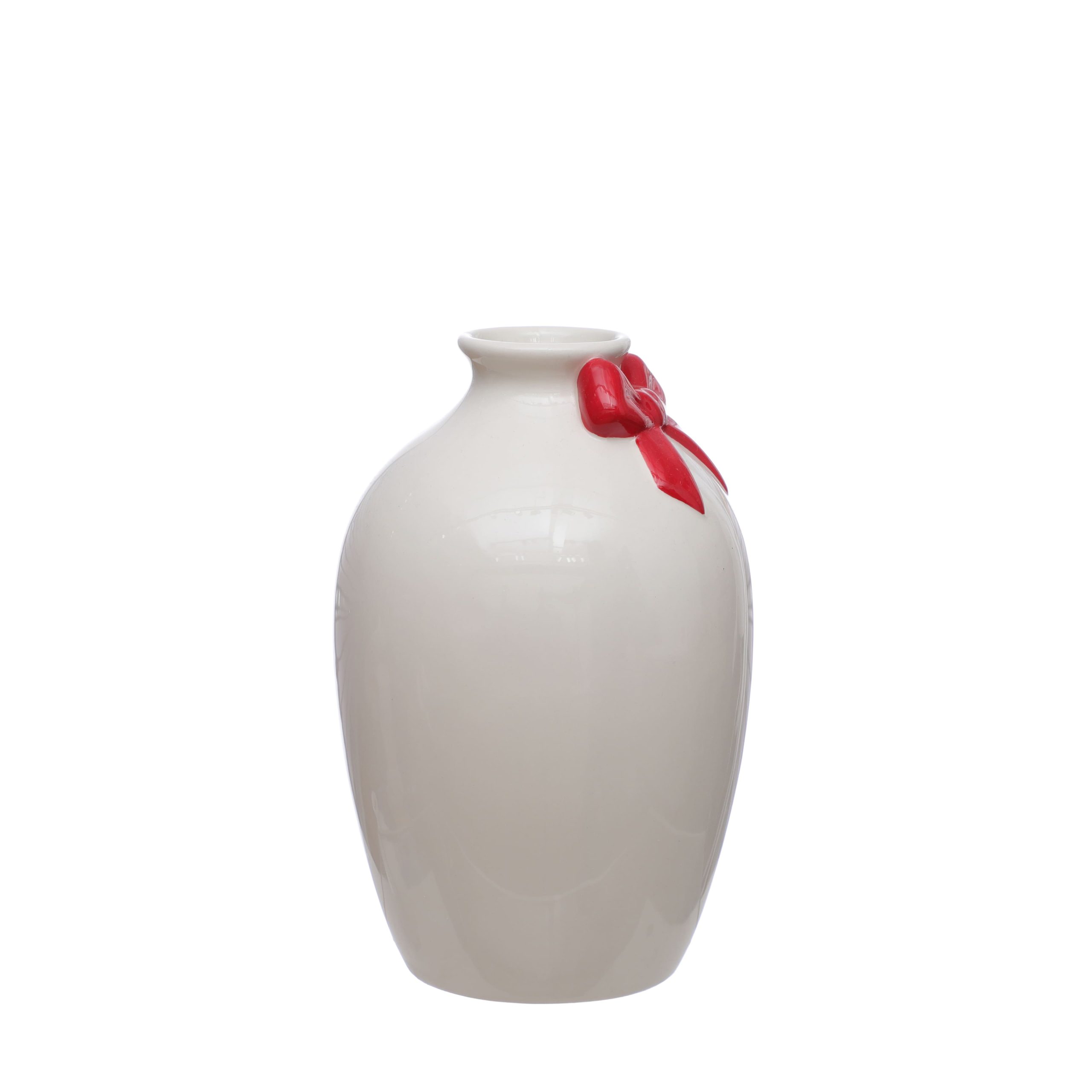 8" White Ceramic Vase with Red Bow Appliqué by Celebrate It™ - Image 2