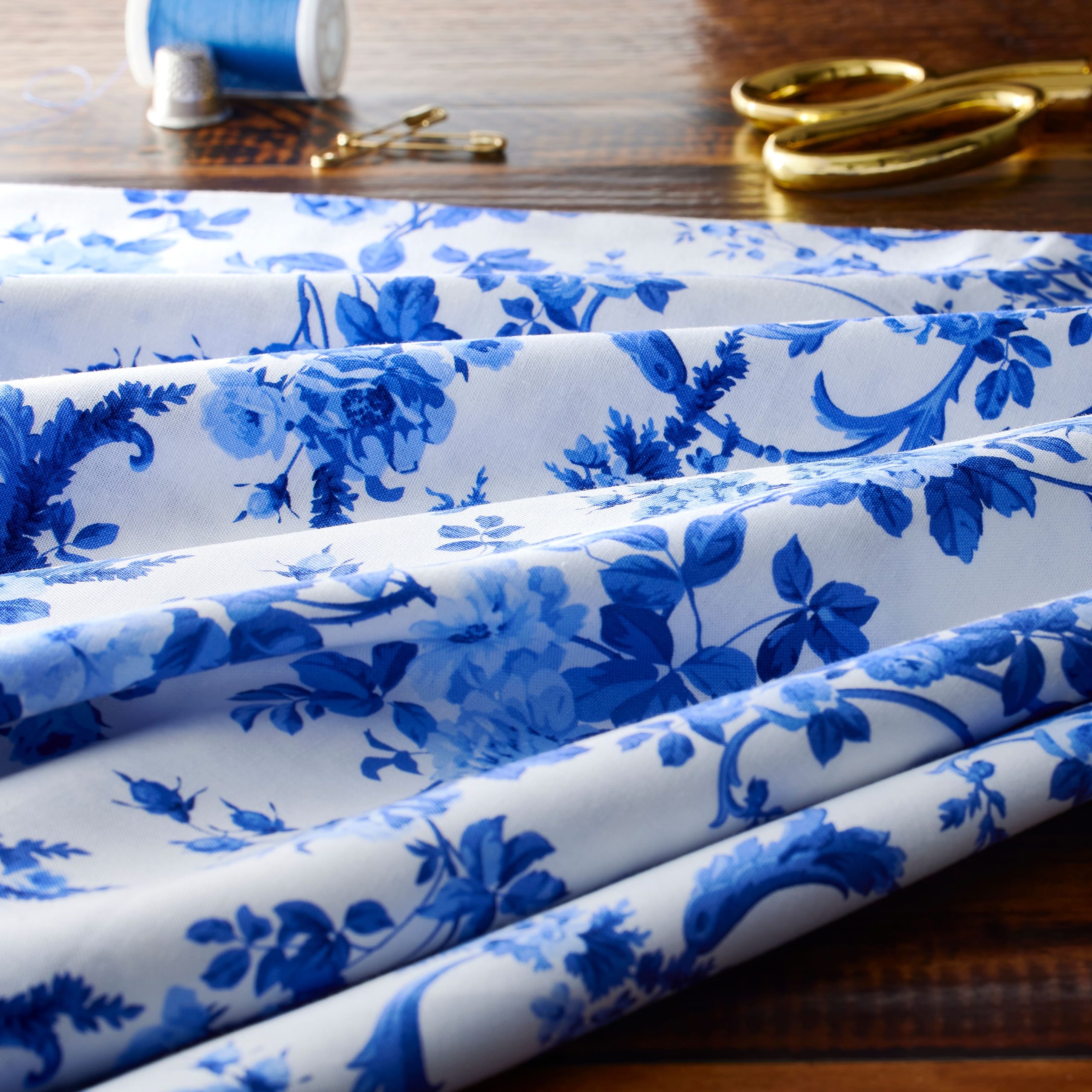 Northcott Blue & White Porcelain Rose Scroll Cotton Fabric - Image 2