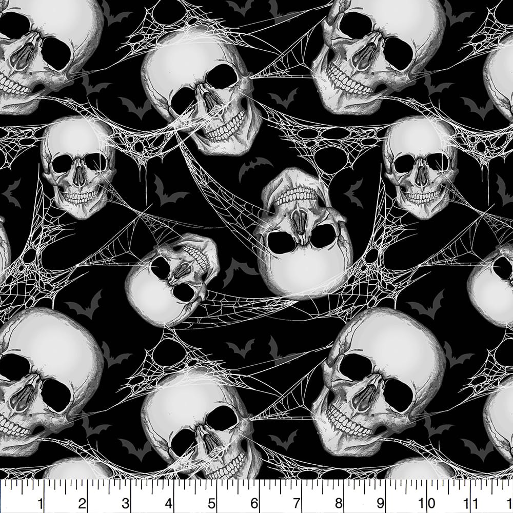 Fabric Traditions Skull Toss on Black Cotton Quilting Fabric
