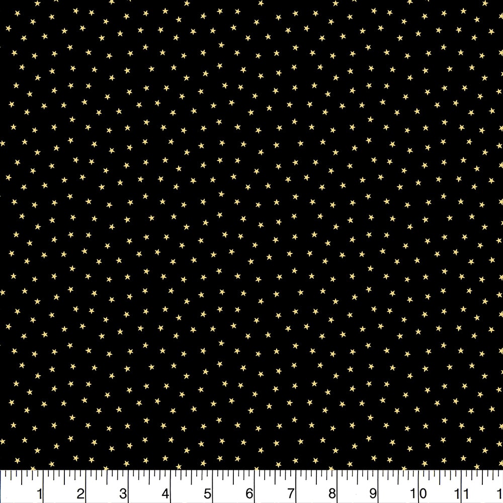 Fabric Traditions Gold Glitter Stars on Black Cotton Quilting Fabric