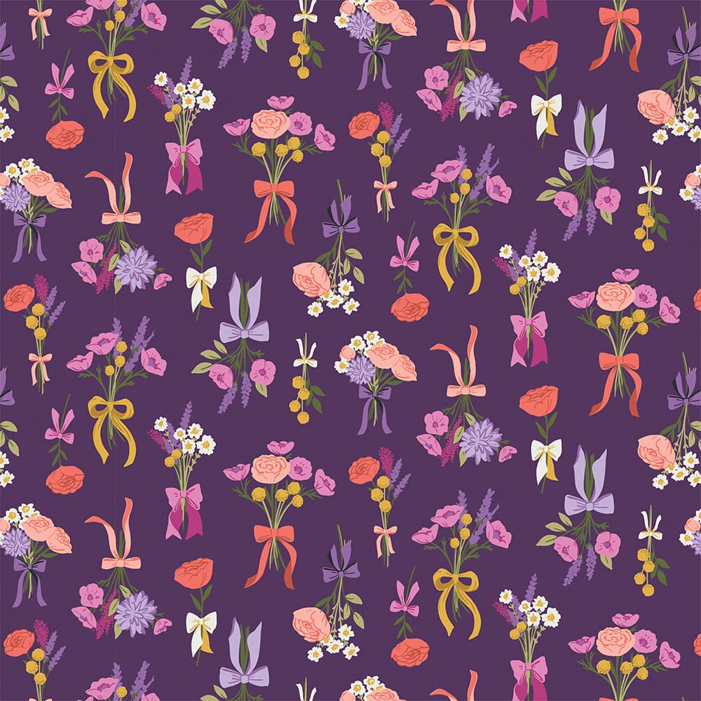 Eugene Textiles Purple Flowers & Bows Cotton Quilting Fabric