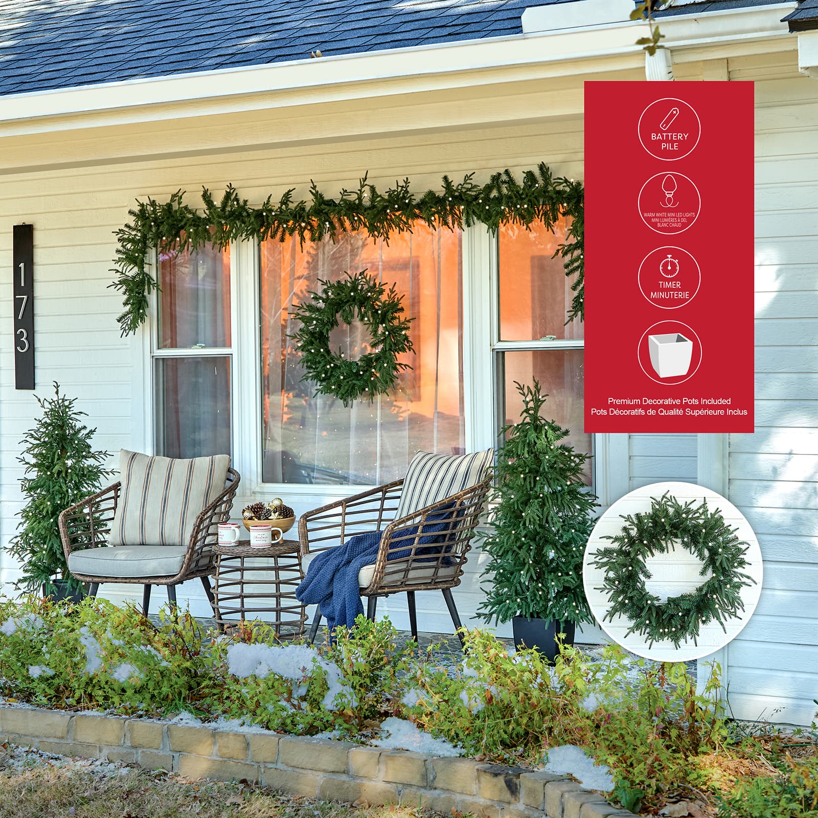 5pc. Pre-Lit Norfolk Pine Potted Artificial Christmas Trees, Garlands & Wreath, Warm White Mini LED Lights by Ashland® - Image 3