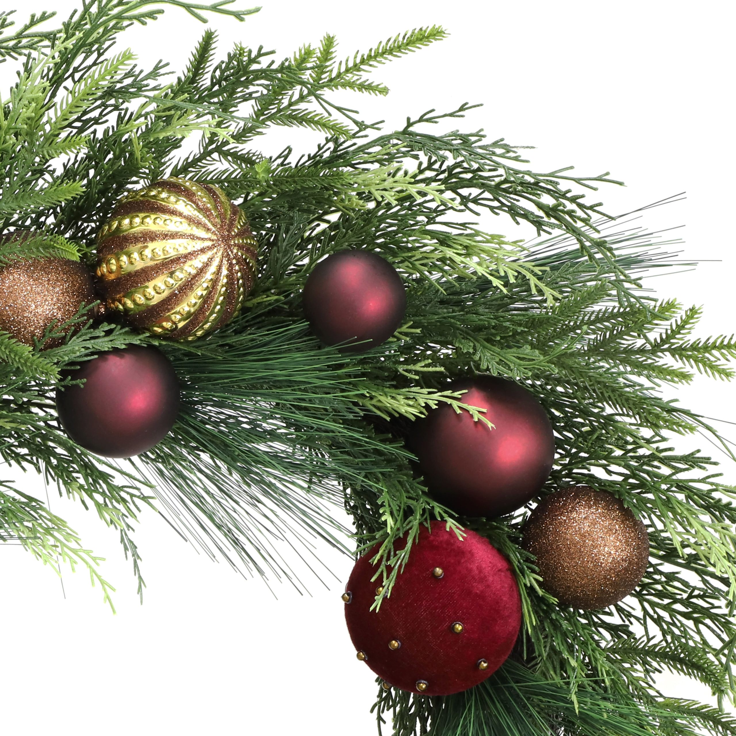 26" Burgundy & Gold Ornament & Cedar Wreath by Ashland® - Image 2